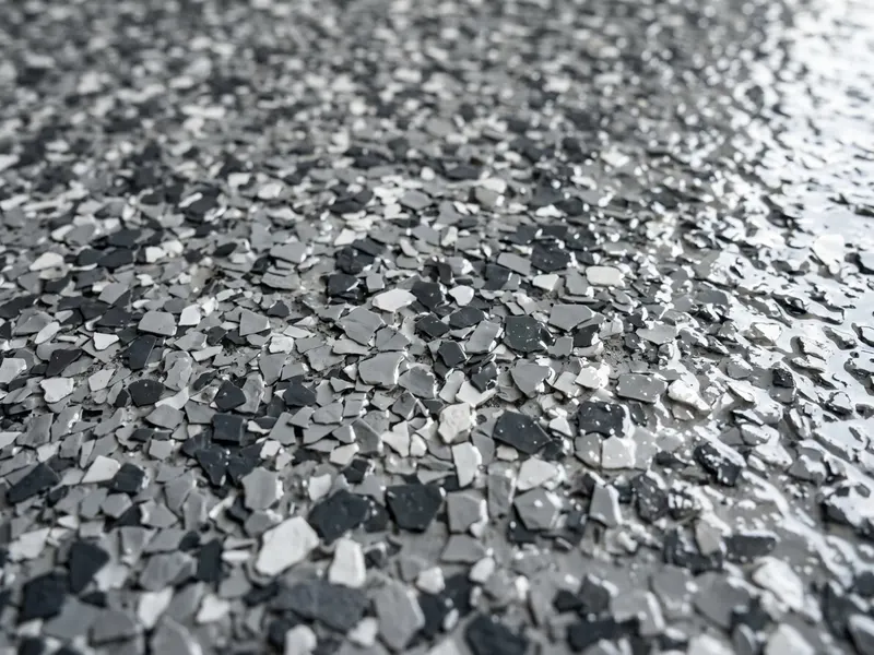 Close view of a broadcast vinyl flake floor showing the aggregate texture and clear topcoat