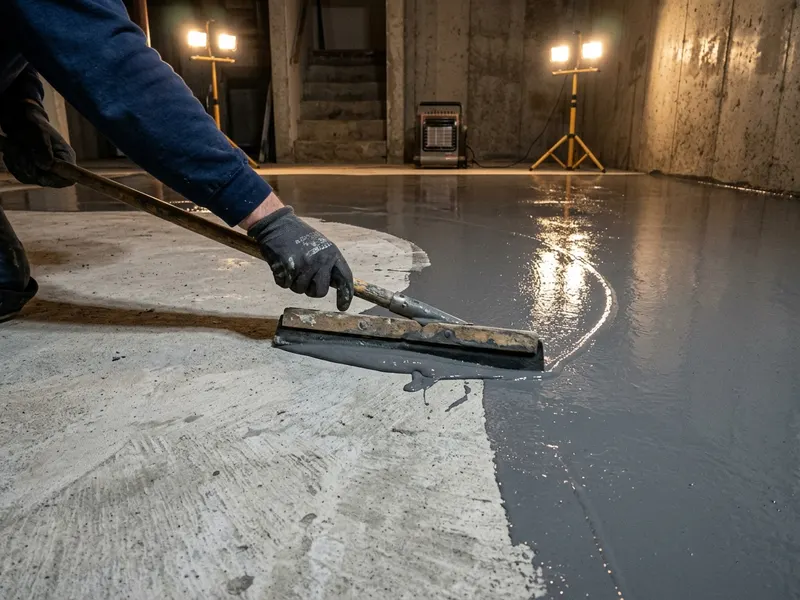 Moisture-barrier primer being applied to a bare below-grade concrete slab